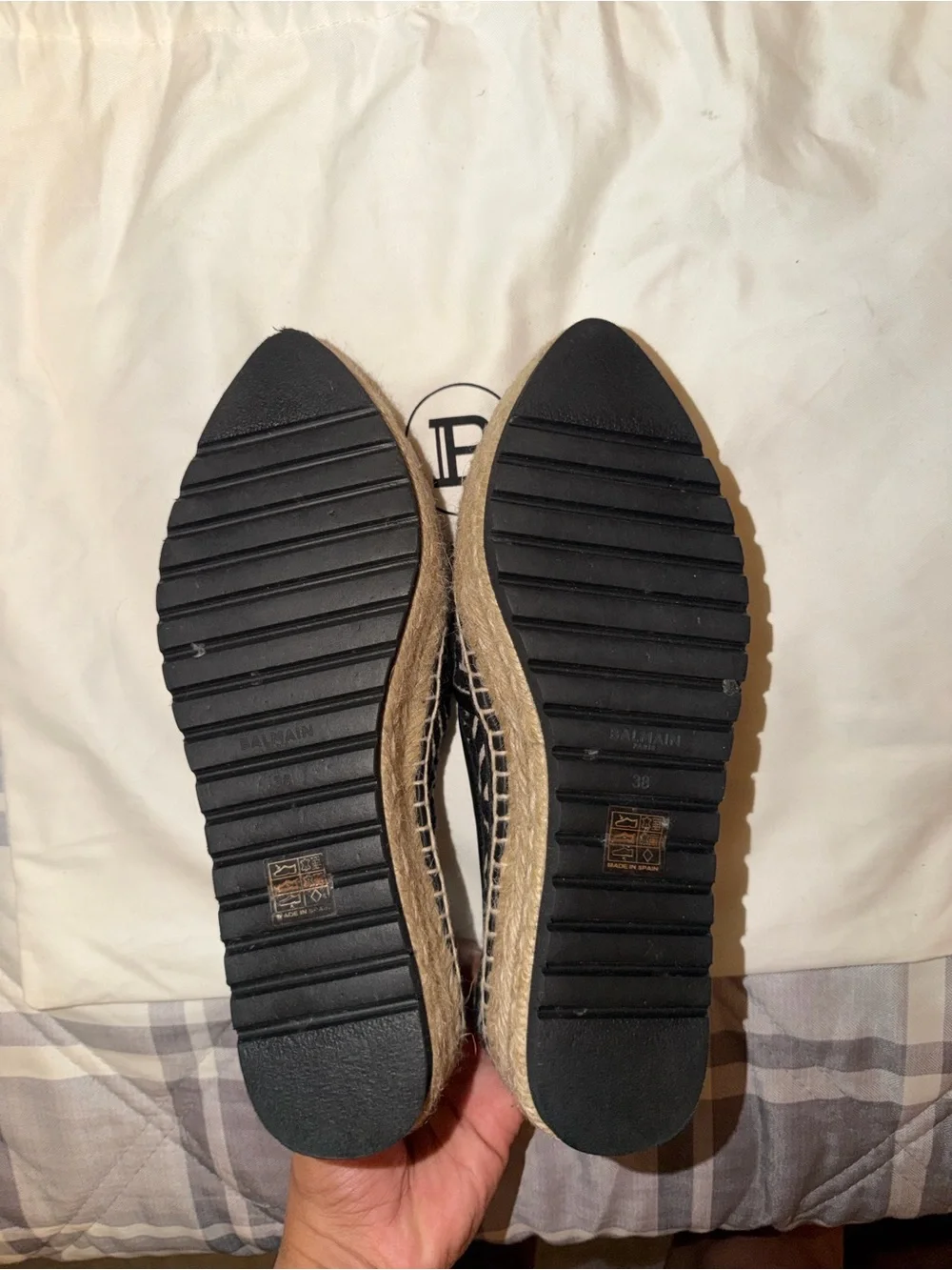 Balmain Black and Cream Geometric Espadrille Platform Loafers